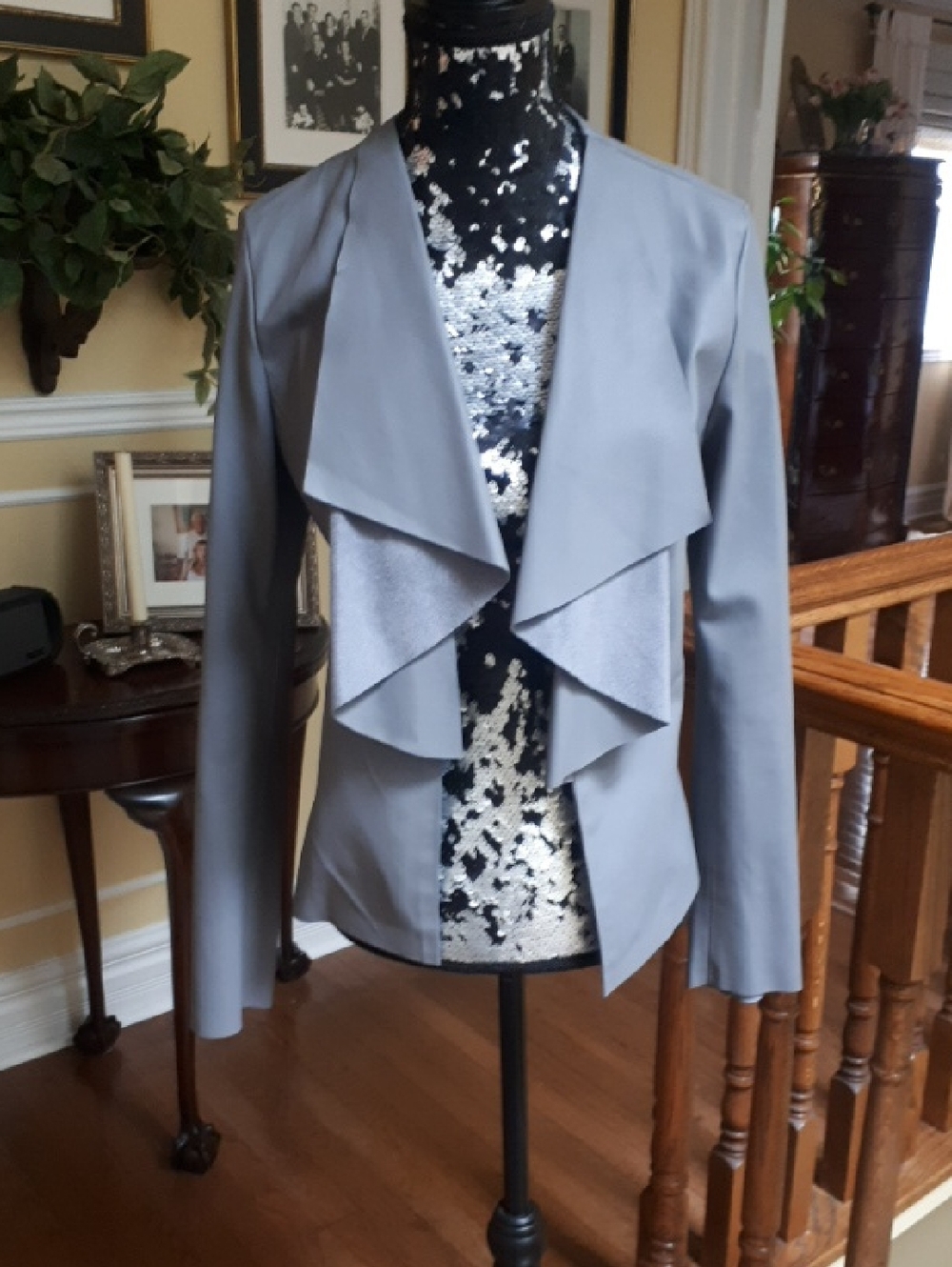 Zara Light Gray Open-Front Ruffle Faux Leather Jacket